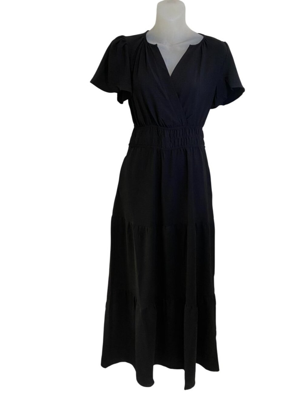 Monteau Los Angeles Black Tiered Maxi Dress Flutter Sleeve Boho XS Whimseygoth